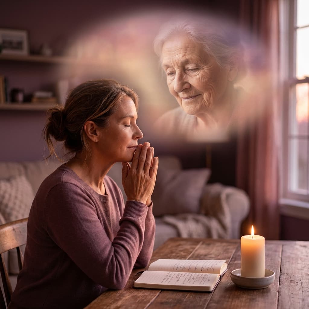 A woman sitting quietly with her hands pressed together in prayer, while the soft, loving image of her grandmother glows above her, looking down with tenderness
